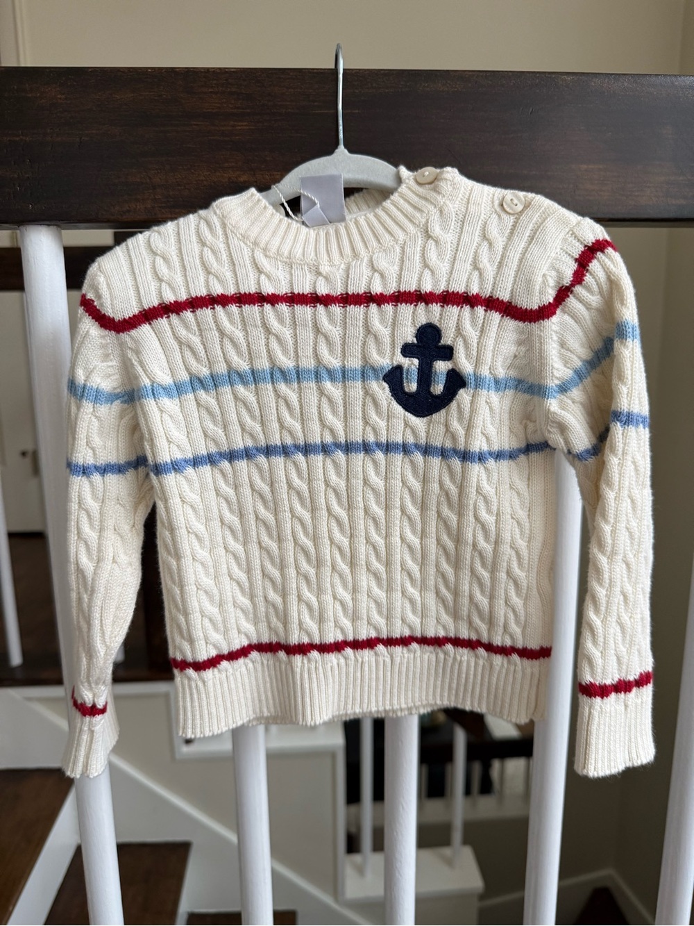 Cable Knit Anchor Sweater in Cream with Red and Blue Stripes
